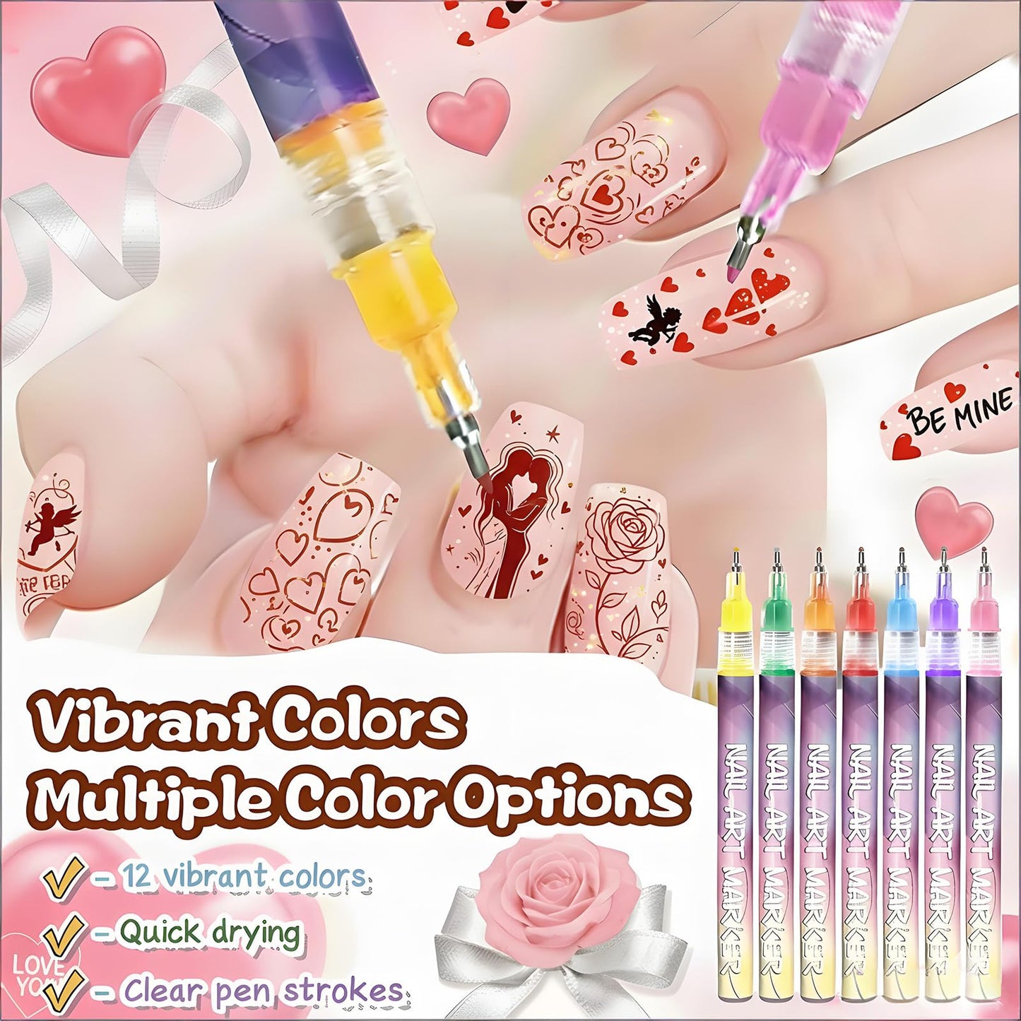 TUONU Valentines Day Nail Art Pens Set – 12 Colors, 0.5mm Tips for Kids
