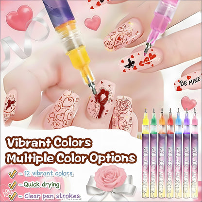 TUONU Valentines Day Nail Art Pens Set – 12 Colors, 0.5mm Tips for Kids