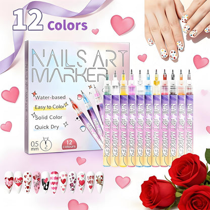TUONU Valentines Day Nail Art Pens Set – 12 Colors, 0.5mm Tips for Kids