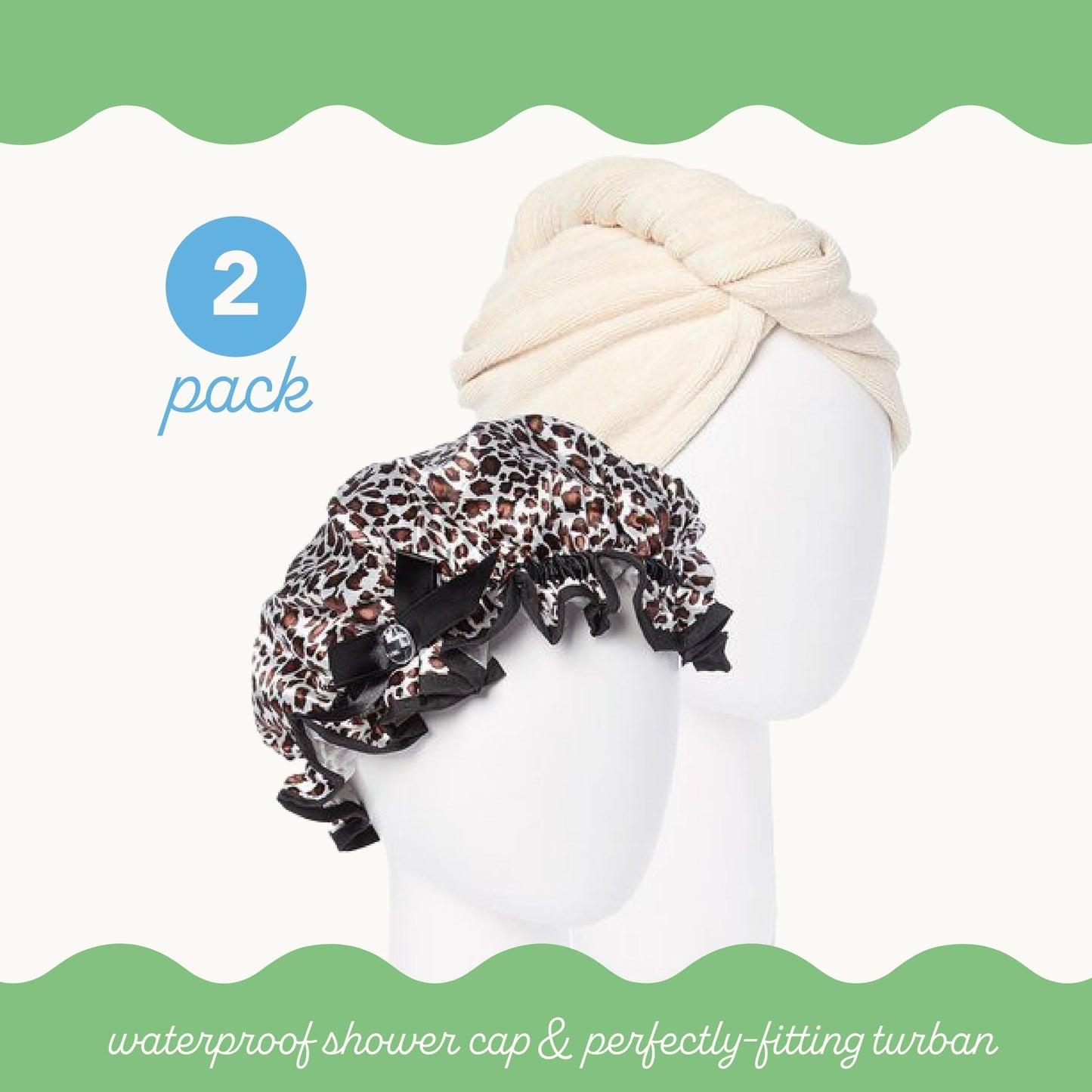 Turbie Twist Microfiber Hair Towel Wrap & Stylin' Shower Cap – Tan & Leopard Print