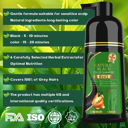 TWMINYUE Black Hair Dye Shampoo - 6-in-1 Natural Herbal Formula for Long-Lasting Grey Coverage