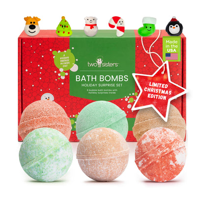 Two Sisters Christmas Bath Bombs for Kids (6-Pack) – Surprise Toys, Festive Scents, USA Made