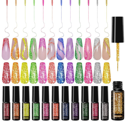 TWOEIGHT Reflective Glitter Nail Art Gel Liner – 12 Colors, 8ml, Sparkling Neon & Diamond Shine