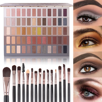 UCANBE 60 Colors Naked Eyeshadow Palette + 15-Piece Brush Set – Nude Neutral Smokey Makeup Kit