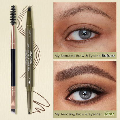 UCANBE Dual-Ended Eyebrow Pen + Gel Liner — 4-Fork Tip, Spoolie Brush, Hair-Like Brows in Dark Brown