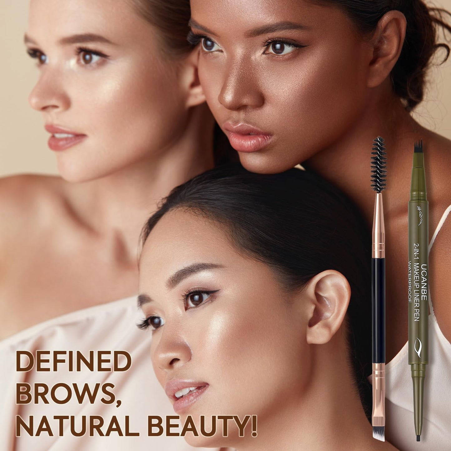 UCANBE Dual-Ended Eyebrow Pen + Gel Liner — 4-Fork Tip, Spoolie Brush, Hair-Like Brows in Dark Brown