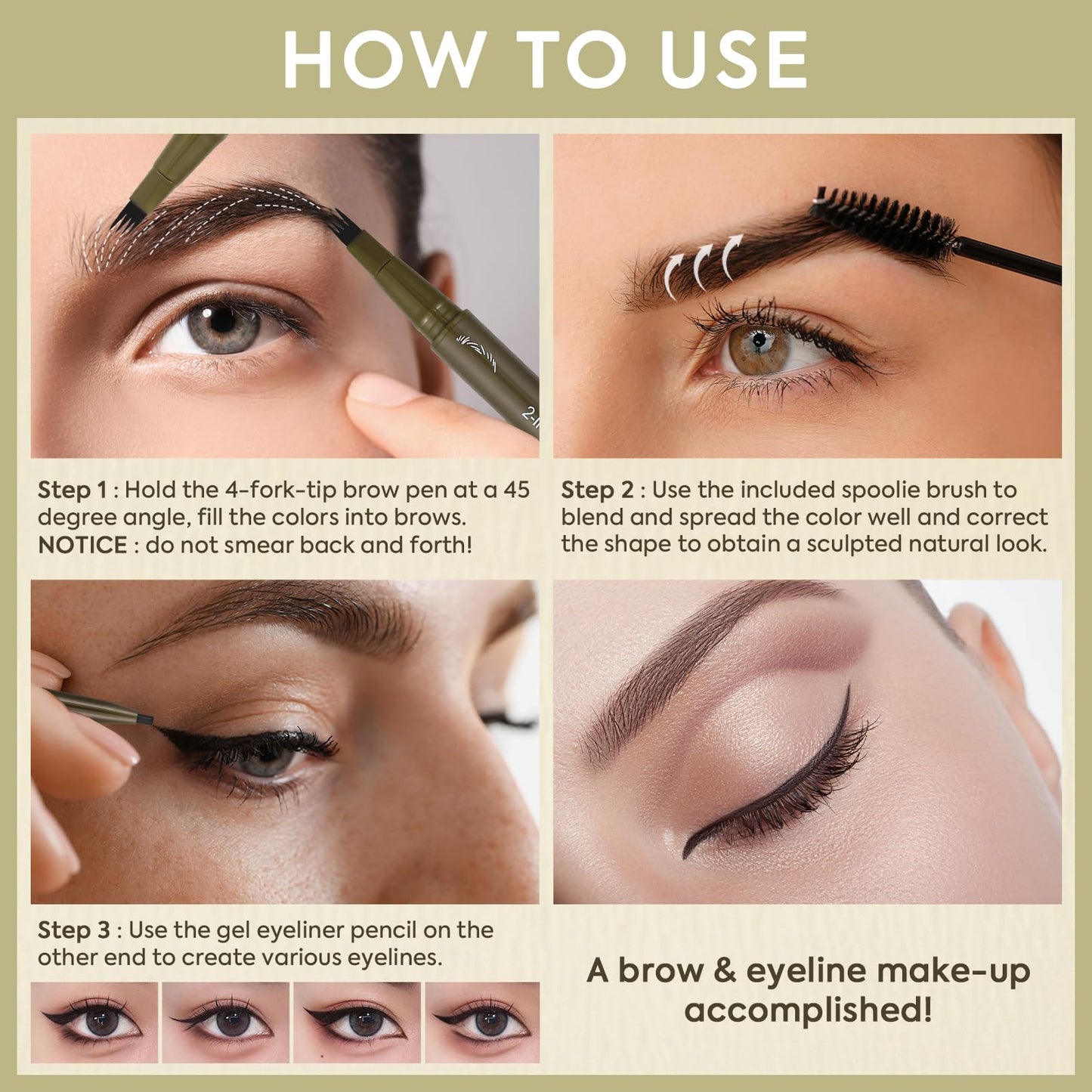 UCANBE Dual-Ended Eyebrow Pen & Gel Liner — 4-Fork Tips, Spoolie, Classic Brown