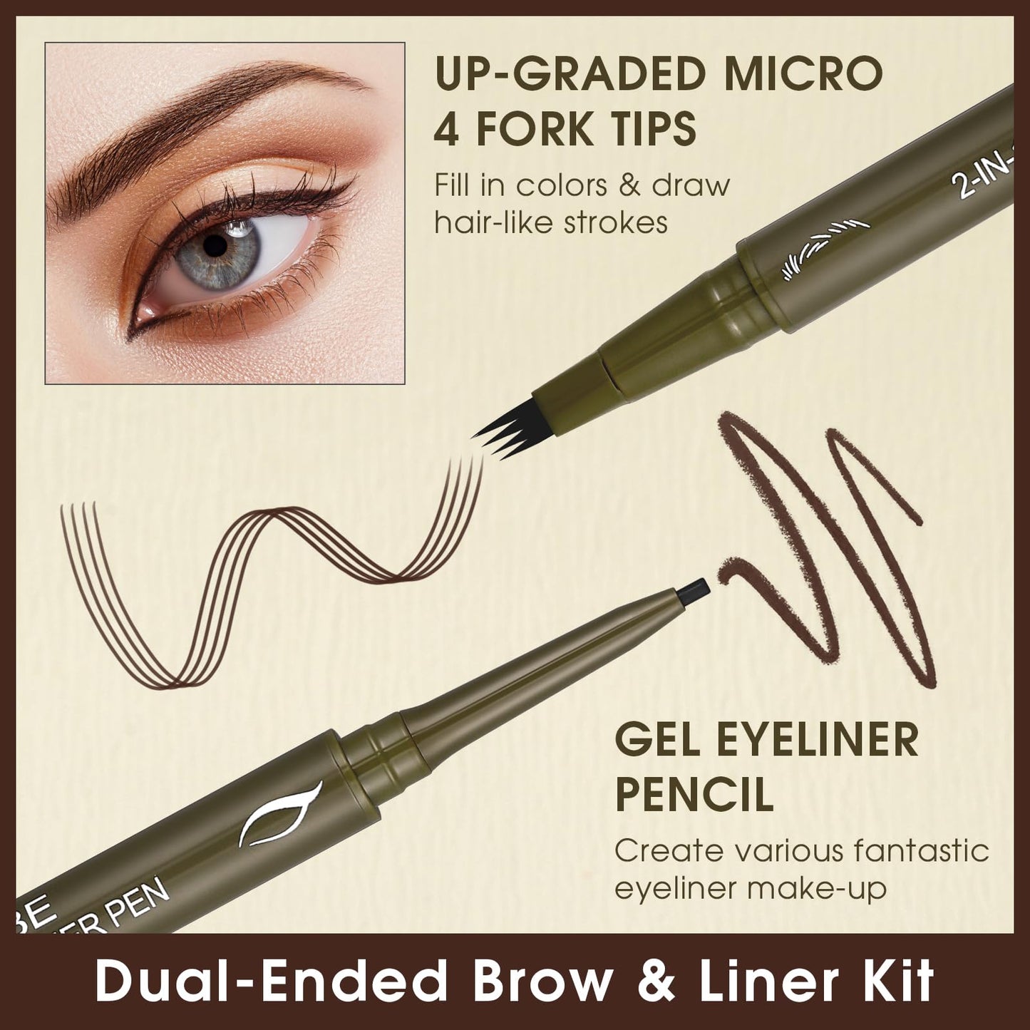 UCANBE Dual-Ended Eyebrow Pen & Gel Liner — 4-Fork Tips, Spoolie, Classic Brown