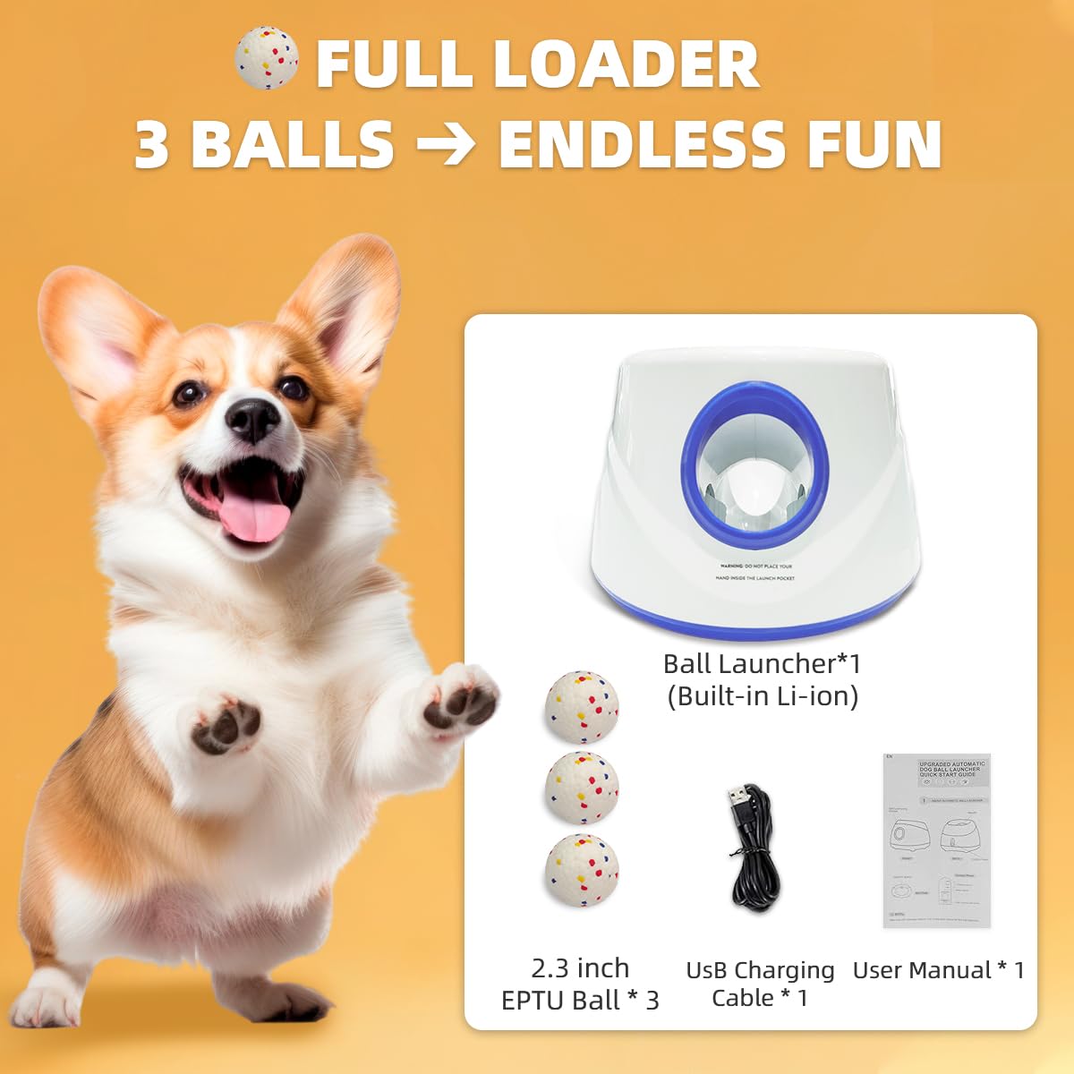 UJQW Automatic Dog Ball Launcher - Silent Thrower with 3 Adjustable Distances (20ft/33ft/46ft) - Rechargeable, Includes 3 Durable 2.3-inch Balls for Small/Medium Dogs (Blue)
