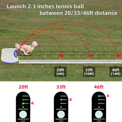 UJQW Automatic Dog Ball Launcher - Silent Thrower with 3 Adjustable Distances (20ft/33ft/46ft) - Rechargeable, Includes 3 Durable 2.3-inch Balls for Small/Medium Dogs (Blue)
