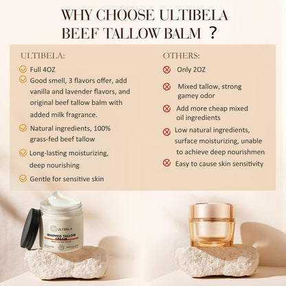 ULTIBELA Beef Tallow Balm for Body & Face – 100% Grass-Fed Whipped Tallow & Honey, Unscented 4oz