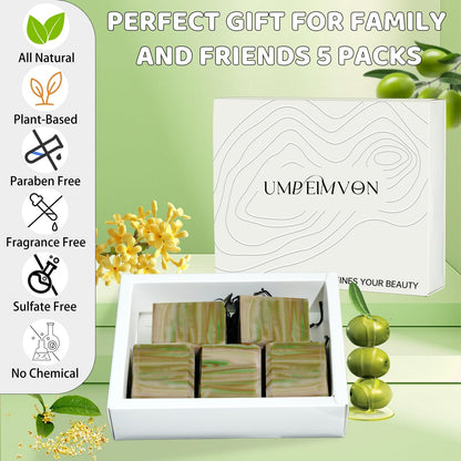 Umpeimvon 5 Pack Olive Oil Soap Bar – 80% Olive Oil, 20% Laurel, Cold-Pressed & Fragrance-Free