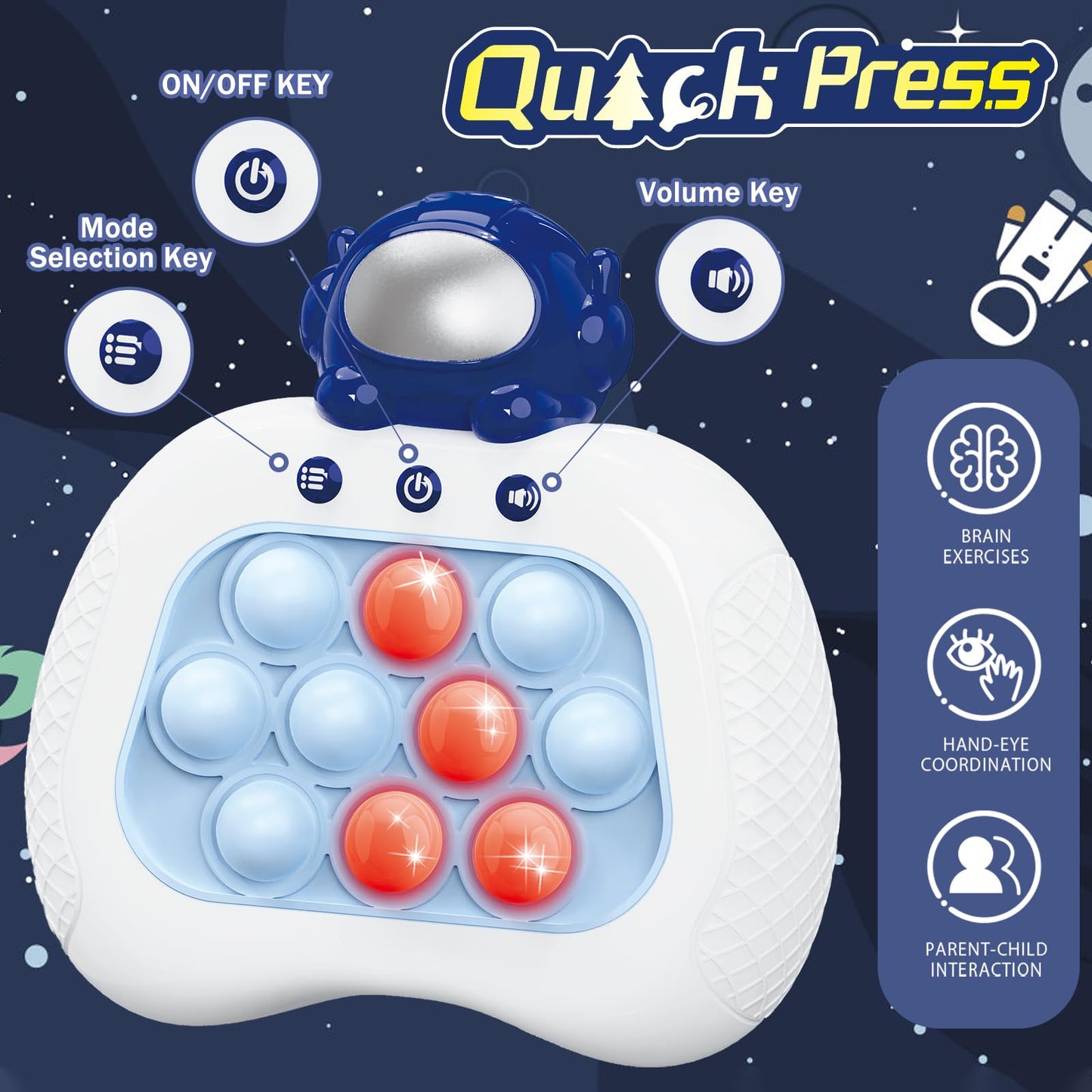 UMQYYMKO Pop Push Game Toy for Kids - Blue Astronaut, Light-Up Fidget with 4 Modes