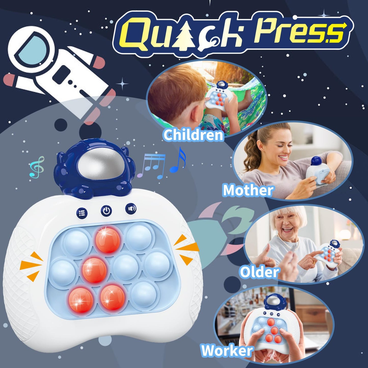 UMQYYMKO Pop Push Game Toy for Kids - Blue Astronaut, Light-Up Fidget with 4 Modes