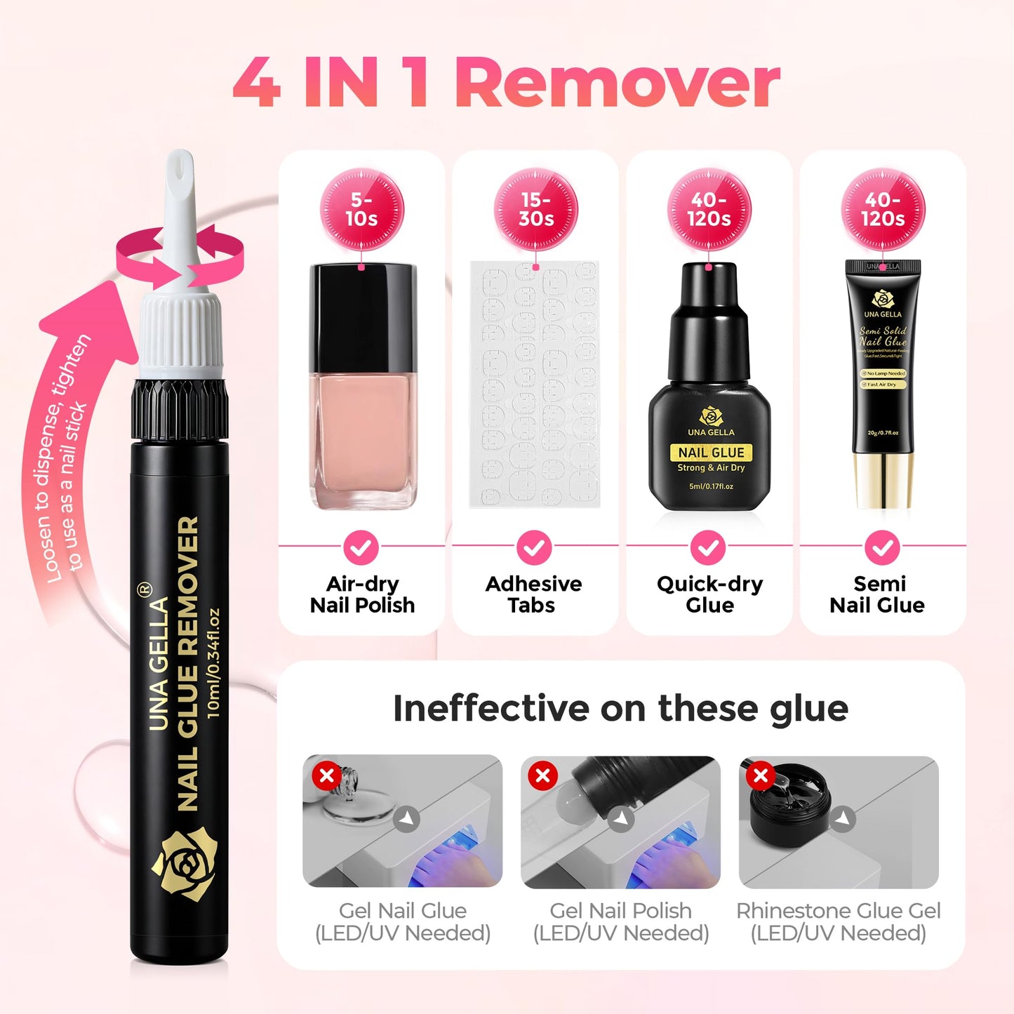 UNA GELLA Nail Glue Remover for Press-On Nails – Gentle, Non-Acetone, 2x10ml