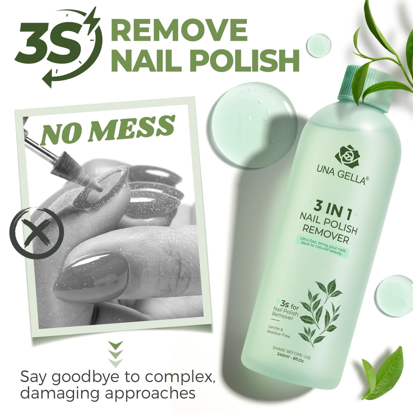 UNA GELLA Nail Polish Remover - Easy-Use Cap, 8 oz, Soak Off Acetone with Green Tea Scent