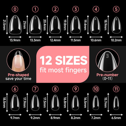 UNA GELLA Short Almond Nail Tips – 504Pcs Soft Gel Full Cover Nails, Durable DIY Press-On Nails, 12 Sizes