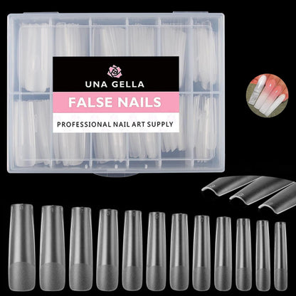 UNA GELLA XXL Long Square Nail Tips – 216pcs, No File Needed, 12 Sizes, Clear Full-Cover Press-On Nails