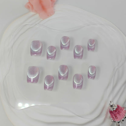 UNIYVOH Cat Eye Press-On Nails - Handmade Short Oval with French Tip & Aurora Shimmer (Pink Dream, Small)