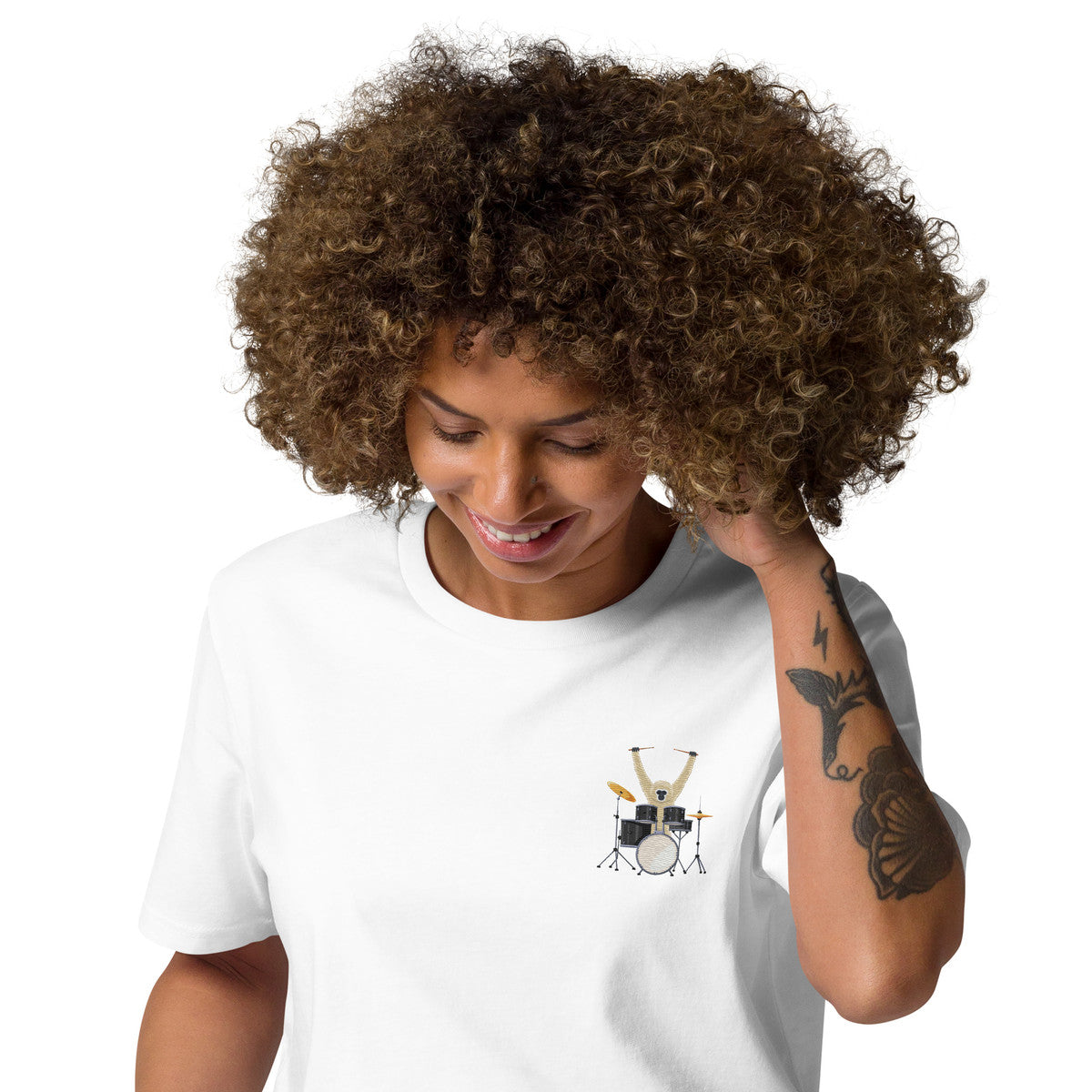 The Drummer Monkey Organic Cotton Embroidered T-Shirt