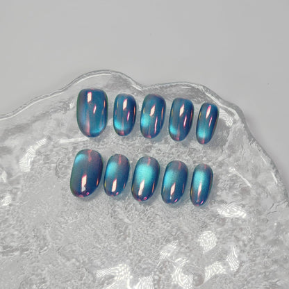 UNIYVOH Cat Eye Press On Nails – Aurora Night S | Handmade Short Oval, Square & Round