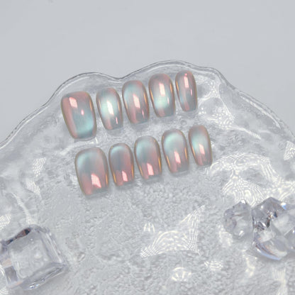UNIYVOH Cat Eye Press On Nails - Handmade Short Nails with Aurora Shimmer (Sunset River M)