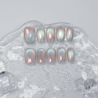 UNIYVOH Cat Eye Press On Nails - Handmade Short Nails with Aurora Shimmer (Sunset River M)