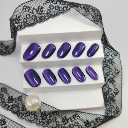 UNIYVOH Cat Eye Press-On Nails – Handmade Short Oval/Square/Round with French Tip & Magnetic Shimmer (Side: Mysterious Purple, Large)