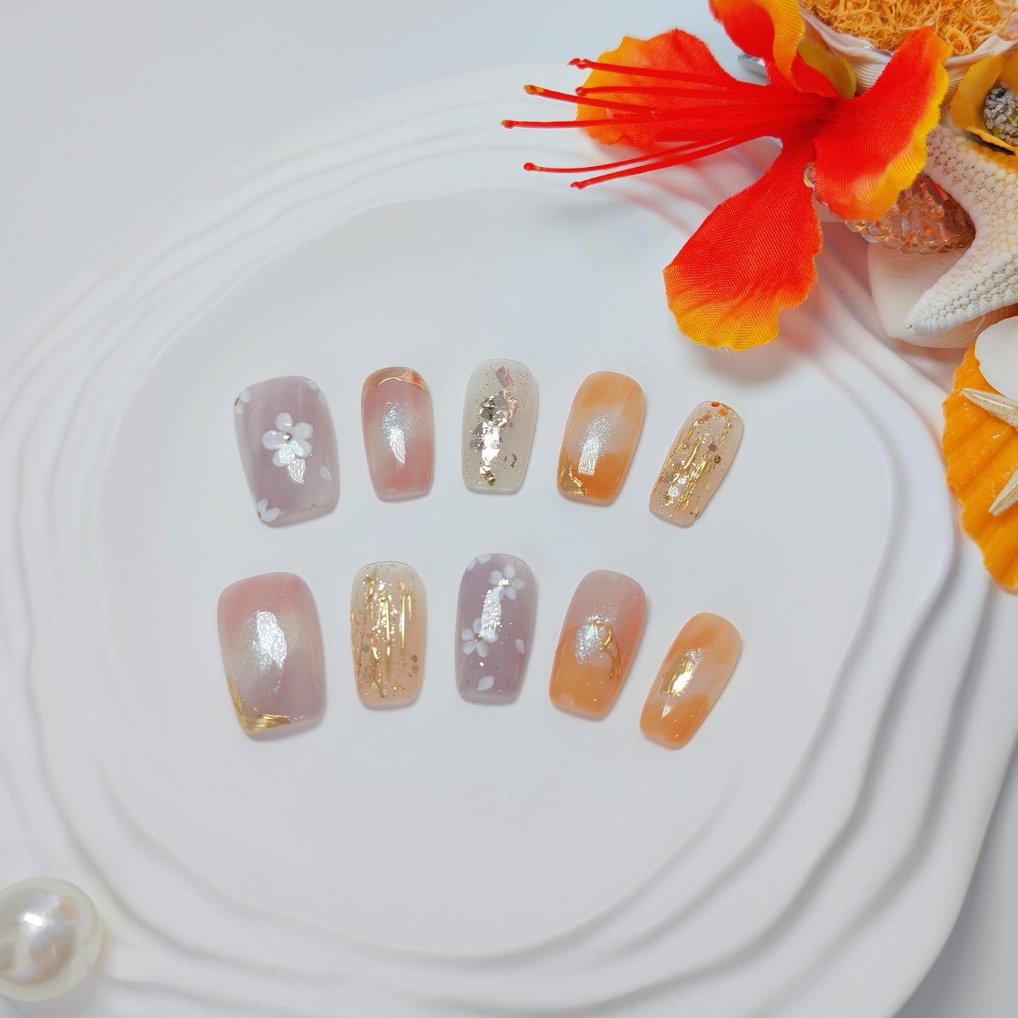 Uniyvoh Cat Eye Press-On Nails – Floral Orange, Short Coffin, Reusable, Handmade (Small)