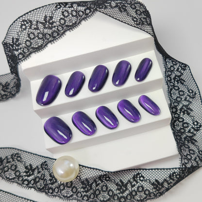 UNIYVOH Cat Eye Press-On Nails – Handmade Short Oval/Square/Round with French Tip & Magnetic Shimmer (Side: Mysterious Purple, Large)