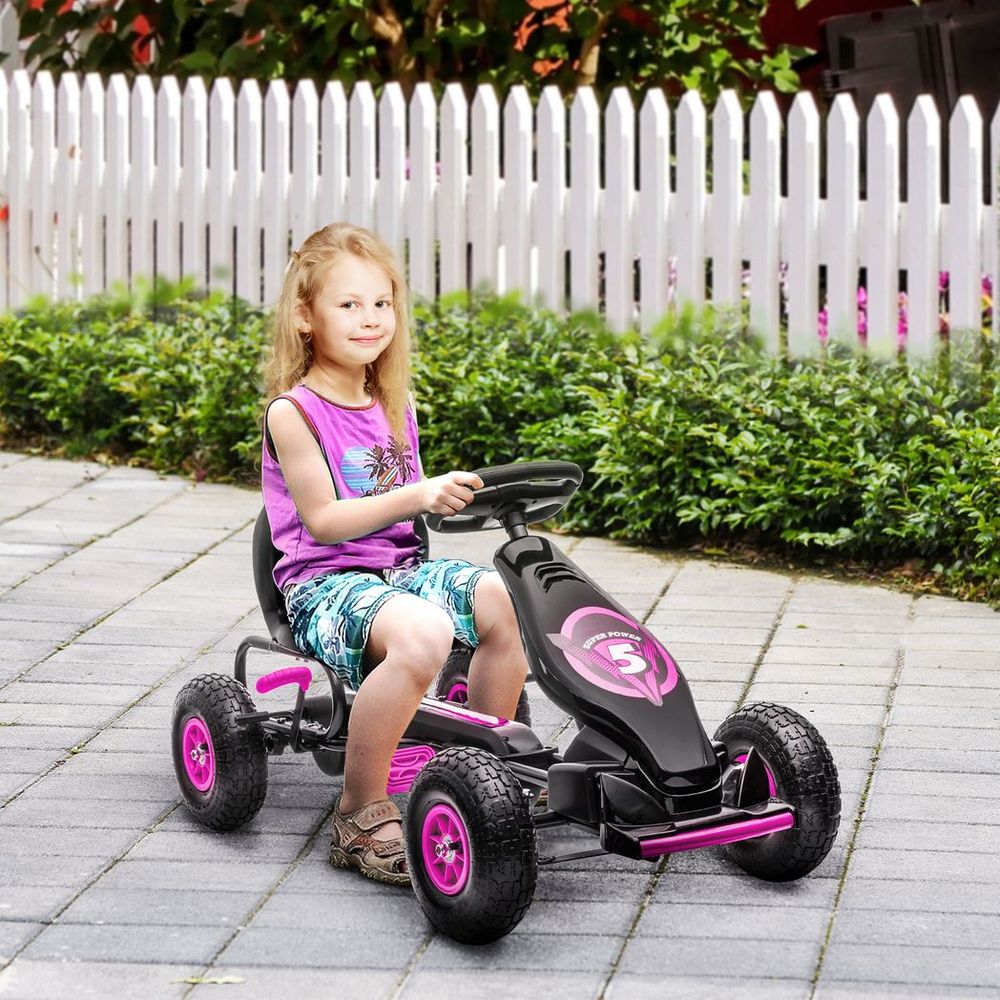 HOMCOM Children Pedal Go Kart, Raving Go Kart with Adjustable Seat, Inflatable Tyres, Shock Aborb, Handbrake, for Ages 5-12 Years - Pink