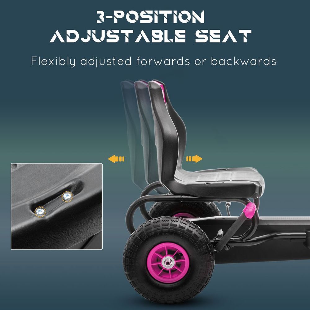HOMCOM Children Pedal Go Kart, Raving Go Kart with Adjustable Seat, Inflatable Tyres, Shock Aborb, Handbrake, for Ages 5-12 Years - Pink