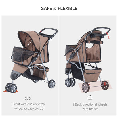 PawHut Pet Travel Stroller Cat Dog Pushchair Trolley Puppy Jogger Carrier Three Wheels for Small Miniature Dogs (Coffee)