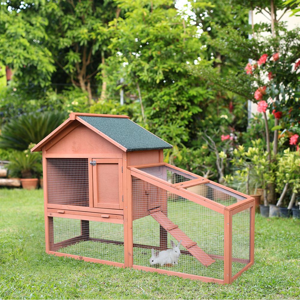 Pawhut 2-Tier Solid Wood Rabbit Bunny Guinea Pig Hutch Water Resistant Asphalt Roof Ramp Sliding Tray, 144 x 64.5 x 100 cm, 15 kg