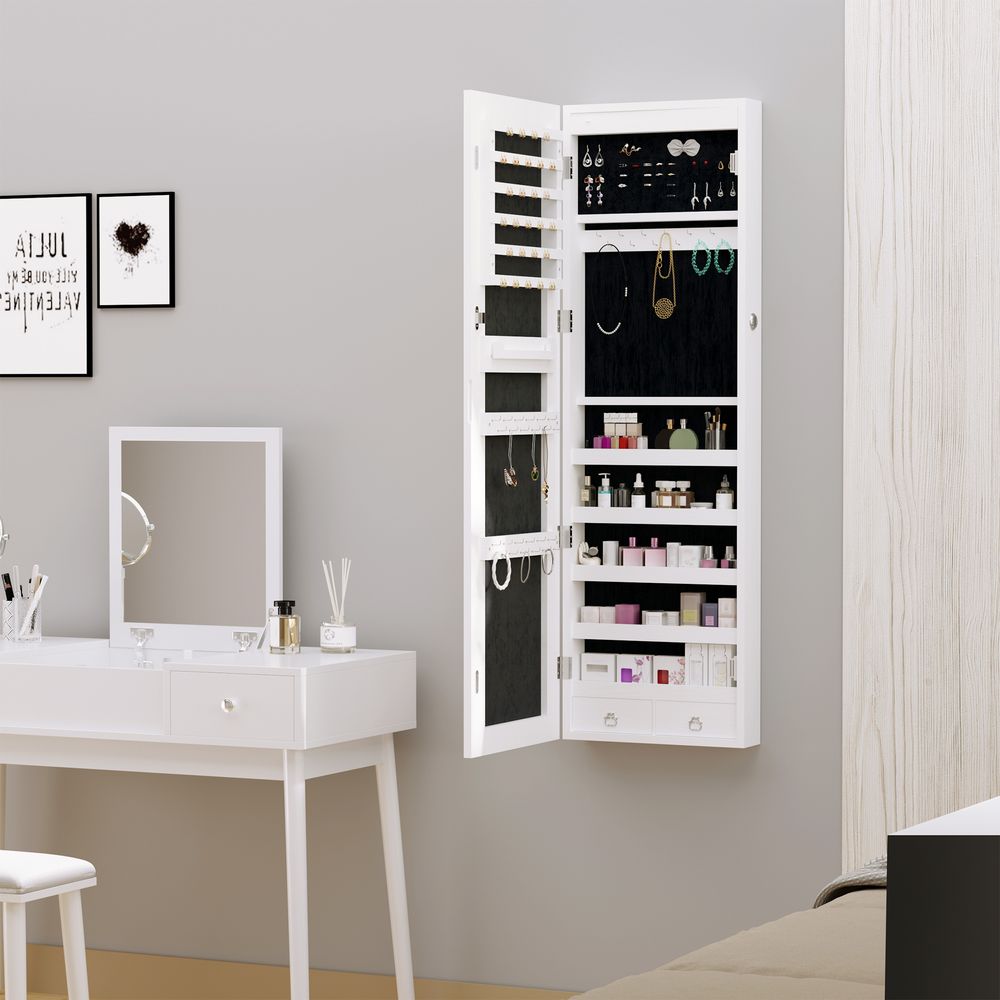 Lockable Hanging Mirrored Jewel Cabinet w/ LED, White - Spacious & Organized