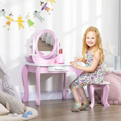 Kids Dressing Table with Mirror and Stool with Drawer for 3-6 Years Old, Pink