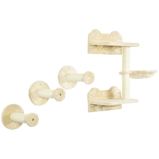 Premium Wall-Mounted Cat Tree - Beige, 4-Piece Set for Indoor Cats, Scratching Post, Hammock