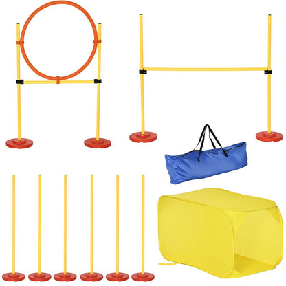PawHut Portable Pet Agility Training Obstacle Set for Dogs w/Adjustable High Jumping Pole, Jumping Ring, Turnstile poles, Tunnel