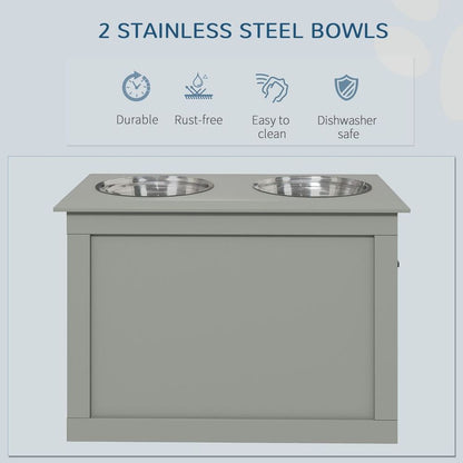 Elevated Pet Dog Bowls with Storage, 2 Bowls - Grey