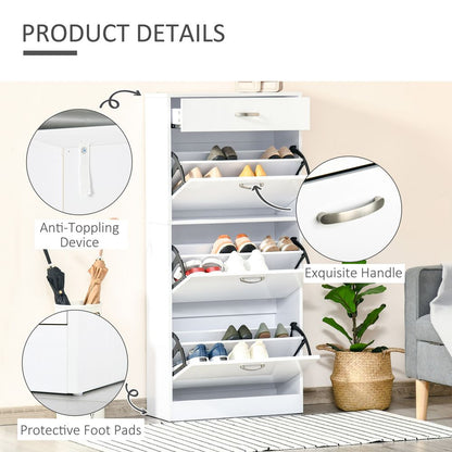 4 Drawer Shoe Cabinet with Flip Doors Shelves - 18 Pair Storage - White