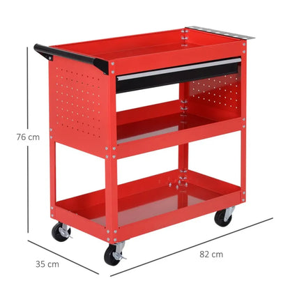 3-tier Tool Trolley Cart Roller Cabinet Storage Box Lockable Casters Red