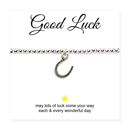 Horseshoe Charm Silver Beaded Bracelet - Good Luck Message Card Included