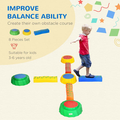 Outsunny 8 PCS Kids Stepping Stones Balance Beam w/Non-Slip Surface and Bottom, Stackable Stepping Stones for Toddler