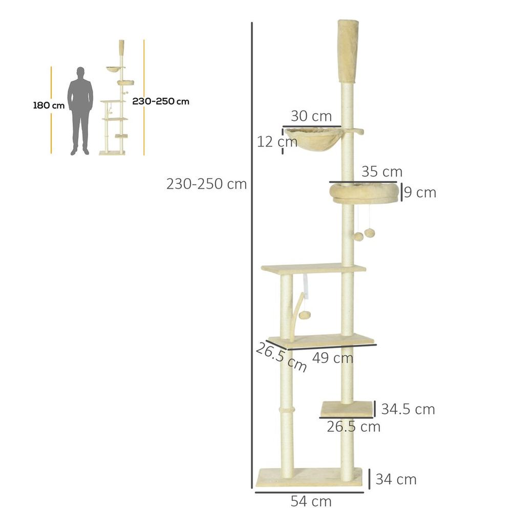 Ultimate Cat Paradise: 6-Tier Floor to Ceiling Cat Tree - Bed, Hammock, Scratching Post (Beige)