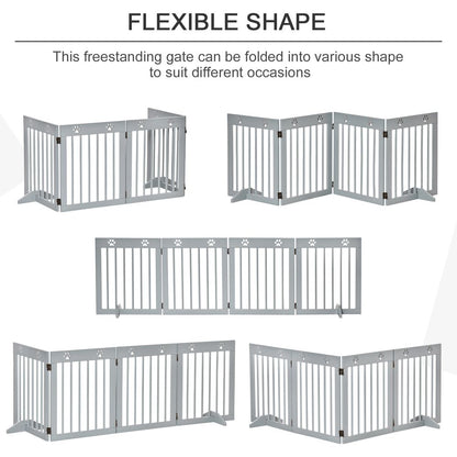 PawHut Dog Barrier 4-Piece 204 x 61 cm Foldable Door Safety Gate with 2 Support Feet, Freestanding Dog Gate, Wooden Stair Gate for Hallway, Stairs, Light Grey