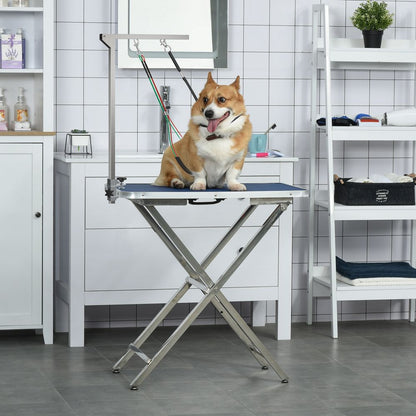 PawHut Foldable Pet Grooming Arm w/Clamp 30 Inch Height Adjustable, Dog Grooming Loop, Two No Sit Haunch Holders for Small Medium Dogs, Sliver