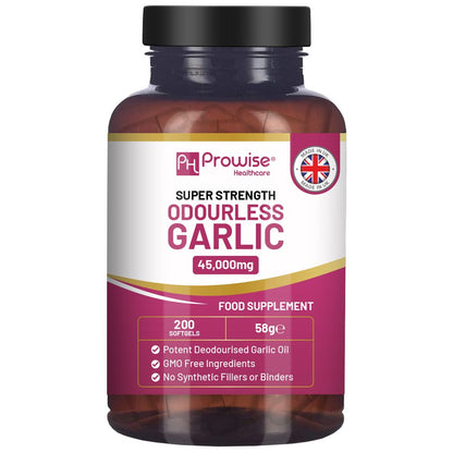 Odourless Garlic Capsules | 45,000mg per softgel | 200 softgels (not Tablets) Super High Strength | Cold Pressed and Deodourised Premium Garlic Oil Extract from Allium Sativum