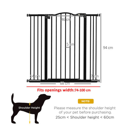 PawHut Adjustable Metal Pet Gate w/ Auto-Close Door - 74-100cm, Black