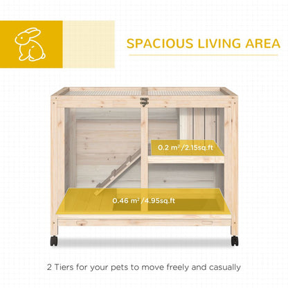 PawHut Rabbit Hutch Indoor Wooden Guinea Pig House Hamster Cage with Wheels, 2 Layers Bunny Cage with Openable Roof, 91.5 x 53.3 x 73 cm, Natural EA