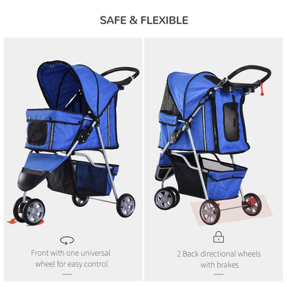 PawHut Pet Travel Stroller Cat Dog Pushchair Trolley Puppy Jogger Carrier Three Wheels for Small Miniature Dogs (Blue)